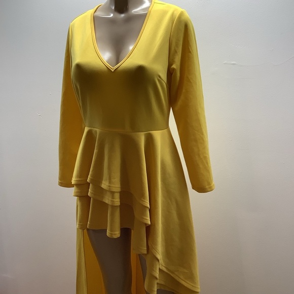 Shirt Dress Size Medium Yellow Ruched Blouse Asymmetrical Peplum Long Tunic Top - Picture 3 of 6